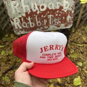 Vintage trucker hat mesh cap Jerry’s yard and tree service red white adjustable